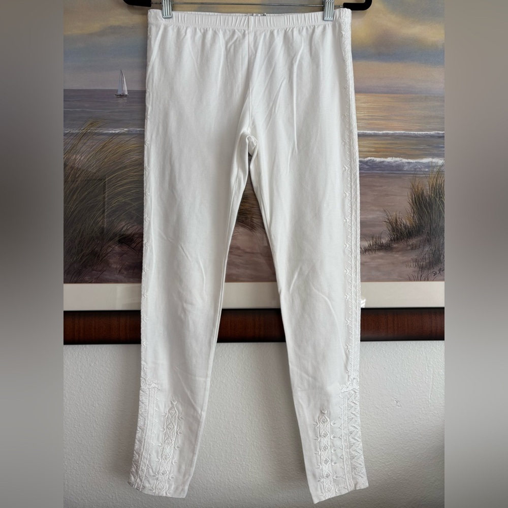 Johnny Was Embroidered Floral Cotton Lycra Leggings Slim Stretch